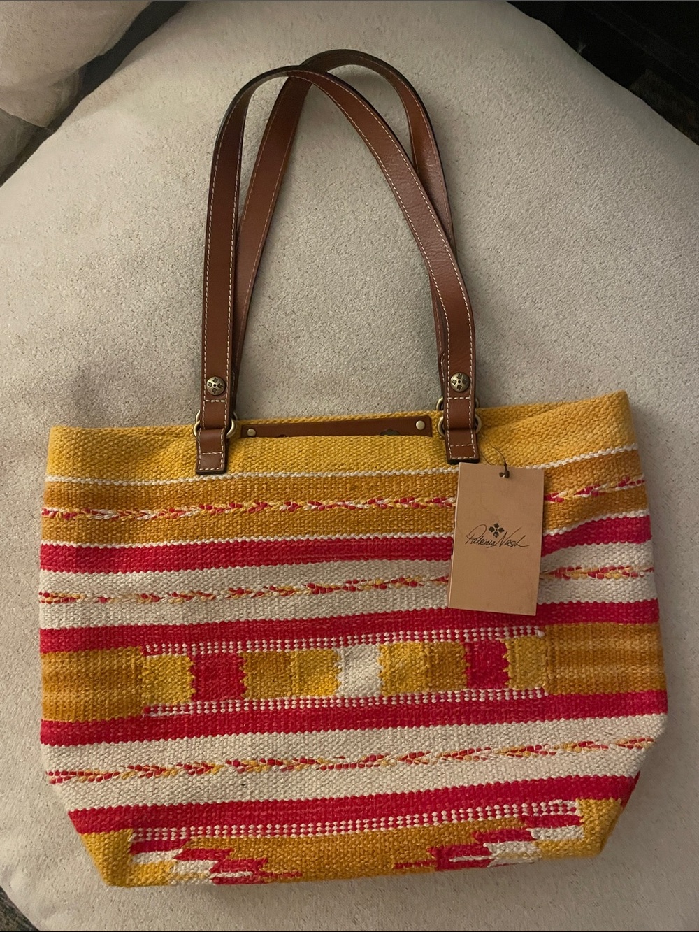 Patricia Nash Yellow, Pink & Cream Woven Tote with Brown Leather Handles